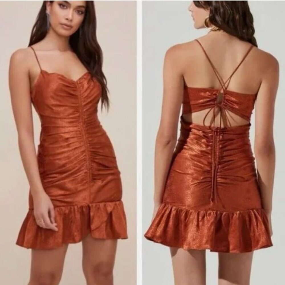 ASTR Copper Satin Ruched Mini Dress